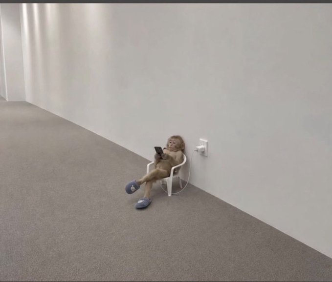 A monkey wearing blue slippers sits relaxed in a small white chair in an empty room, casually using a phone that appears to be plugged into the wall outlet beside it. The image humorously illustrates the post's message about casually giving away $10 to two random people.