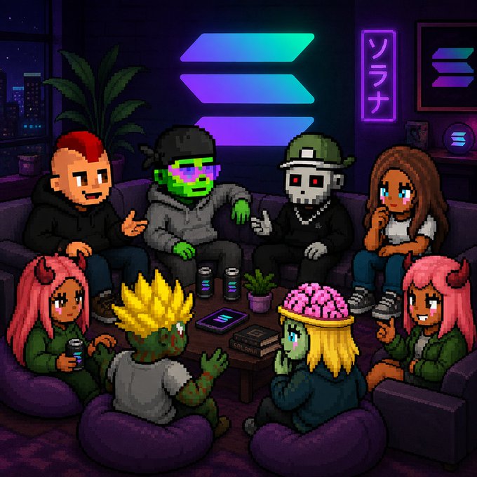 A pixel art illustration depicting various avatars gathered around a coffee table in a room with neon signs, including a purple Solana logo and Japanese characters.
