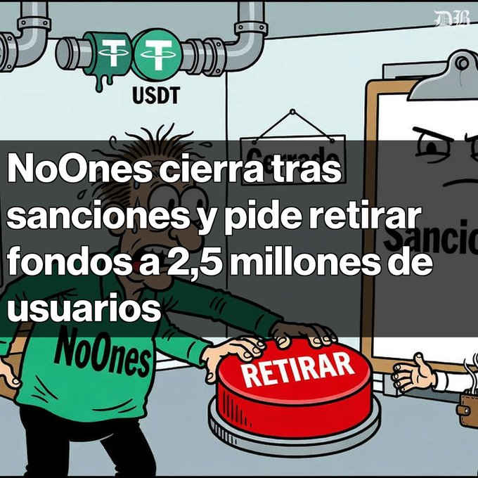 A cartoon illustration of a distressed character in a green 'NoOnes' shirt pressing a large red 'RETIRAR' button, overlaid with Spanish text about NoOnes closing and requesting fund withdrawals for 2.5 million users.