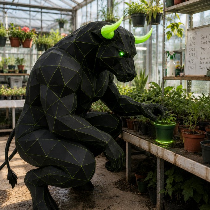 An AI-generated image of a geometric black bull with glowing green eyes and horns tending to plants in a greenhouse.