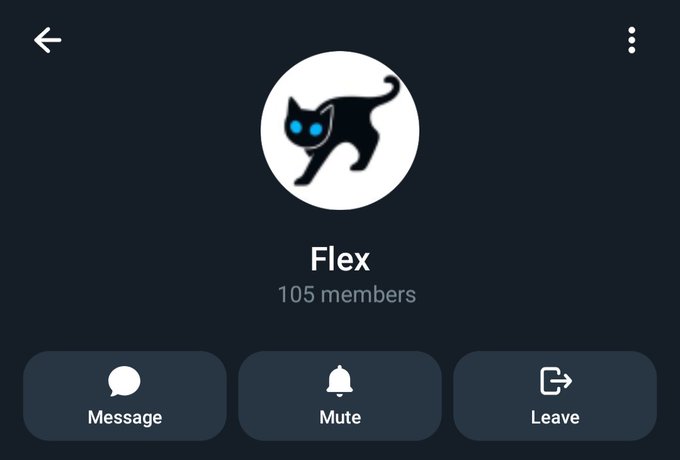 A Telegram group info page for a group named 'Flex' with a black cat logo, showing 105 members and Message/Mute/Leave buttons.