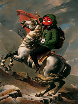 The image is a parody of Napoleon crossing the Alps, featuring an anthropomorphized red chili pepper character wearing a green hoodie and backpack with an ID badge, riding a rearing white horse over a mountainous landscape. This satirical meme connects to the post about $INTERN by portraying the coin as a bold, triumphant figure charging forward on its "horse" — symbolizing dominance and resilience while the broader market fades, much like Napoleon's iconic advance despite overwhelming odds.