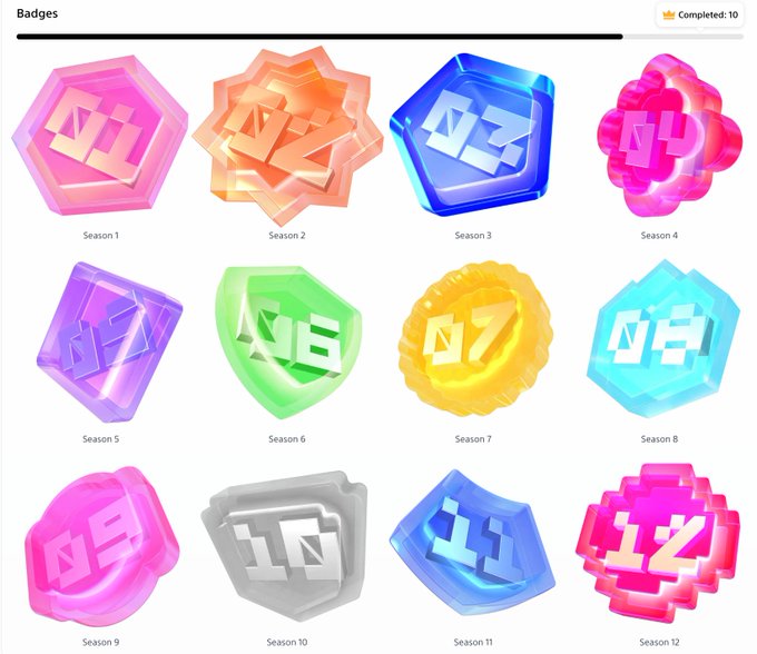 A digital collection page displaying twelve colorful, gem-like badge designs labeled Season 1 through Season 12, with 'Completed: 10' noted in the top right corner.