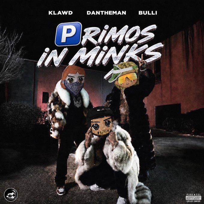 An album cover parody titled "PRIMOS IN MINKS" featuring three figures with cartoon-style face filters wearing fur coats and bandanas in a dimly lit outdoor setting.
