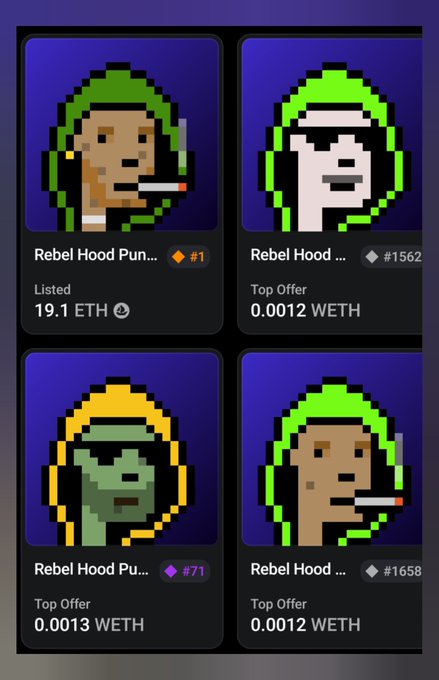 A mobile interface displays four 'Rebel Hood' pixel art NFT avatars with green hoods, showing prices in ETH and WETH for items like 'Rebel Hood Pun...' listed at 19.1 ETH.