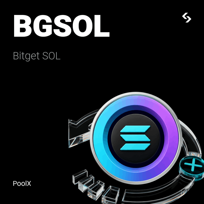 A promotional graphic displays 'BGSOL - Bitget SOL' with a futuristic 3D-rendered circular emblem in blue and purple on a black background, marked with 'PoolX'.