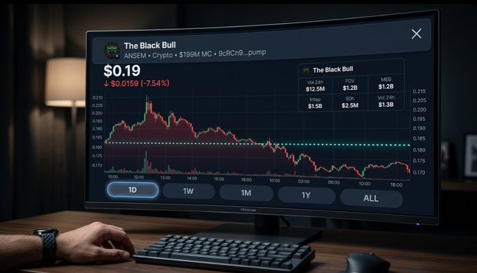 A computer monitor displays a crypto trading chart for 'The Black Bull' (ANSEM) showing a price of $0.19, down 7.54%, with volume stats including $12.5M 24h volume and $1.2B FDV.
