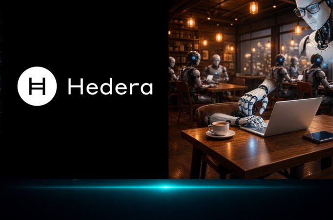 The 'Hedera' logo (a white circle with an 'H') appears on a black panel beside an image of robots and humans sitting in a warmly lit café.