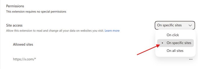 A Chrome extension permissions settings page showing 'Site access' configuration options with a dropdown menu displaying 'On click', 'On specific sites' (selected), and 'On all sites', with a red arrow pointing to the 'On specific sites' option.