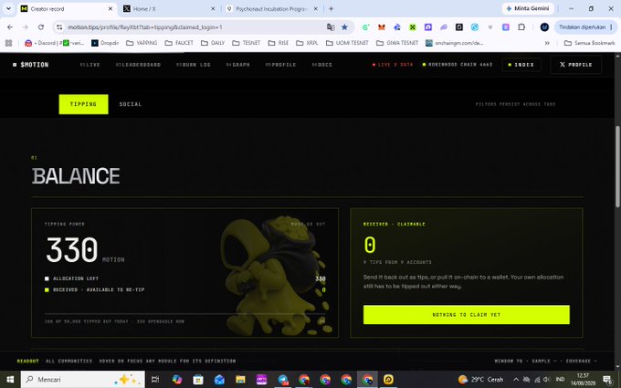 A screenshot of the SPOTION platform showing a 'Balance' page with 330 tipping power, 0 claimable receipts, and a 'NOTHING TO CLAIM YET' message.