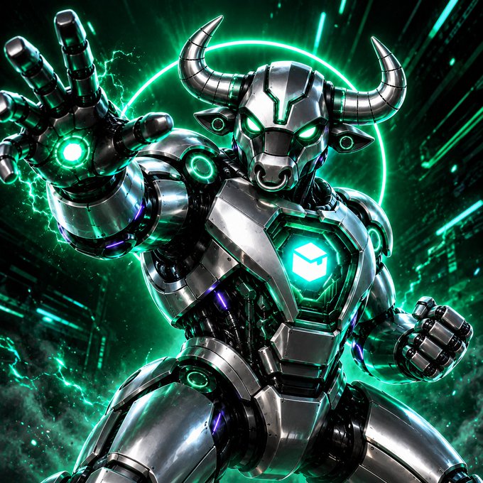 A futuristic metallic bull-headed robot or mech with glowing green eyes, a chest emblem, and outstretched arms, set against a neon green circular background.