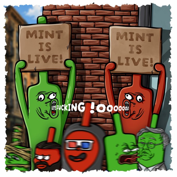 The image is a colorful, cartoon-style illustration depicting a chaotic protest scene with two anthropomorphic characters—one green and one red—holding "MINT IS LIVE!" signs and shouting, alongside other meme-style figures including one wearing 3D glasses and others with expressive faces. Text across the middle reads "FUCKING !OOOOOOO," and the accompanying post announces that a new art collection called "Mint is Live" is dropping in 4 minutes on OpenSea, teasing market-themed meme artwork with big surprises.