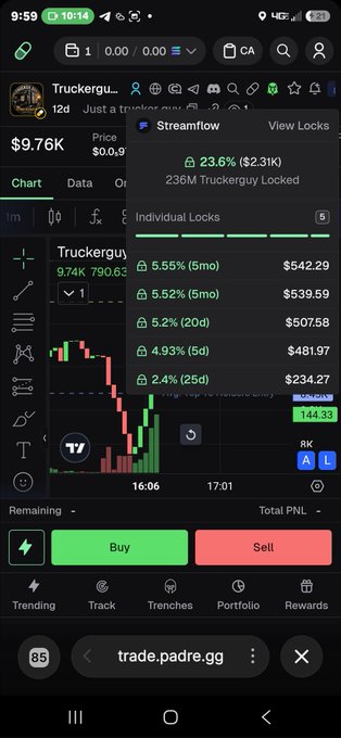 A mobile crypto trading screen shows the 'Truckerguy' token priced at $9.76K with a streamflow panel displaying locked tokens and various unlock percentages and dates.