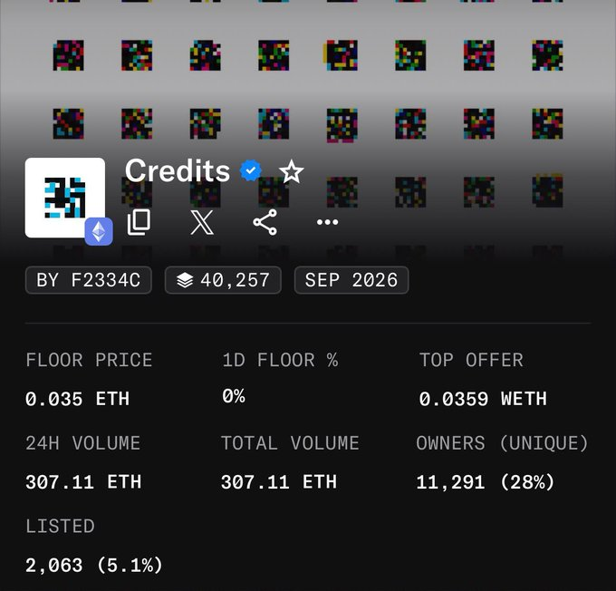 An NFT collection page for 'Credits' showing a floor price of 0.035 ETH, top offer of 0.0359 WETH, 24H volume of 307.11 ETH, 11,291 unique owners, and a total supply of 40,257.