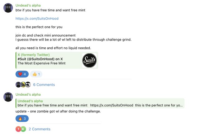 A screenshot of Discord messages from "Undead's alpha" promoting a free mint challenge at x.com/SuitsOnHood, requiring time and effort but no liquidity, with an update noting one zombie earned WL after completing the challenge. The post relates to the image by highlighting the success of a "zombies cabal" member gaining whitelist access through the free mint opportunity mentioned in the Discord announcements.