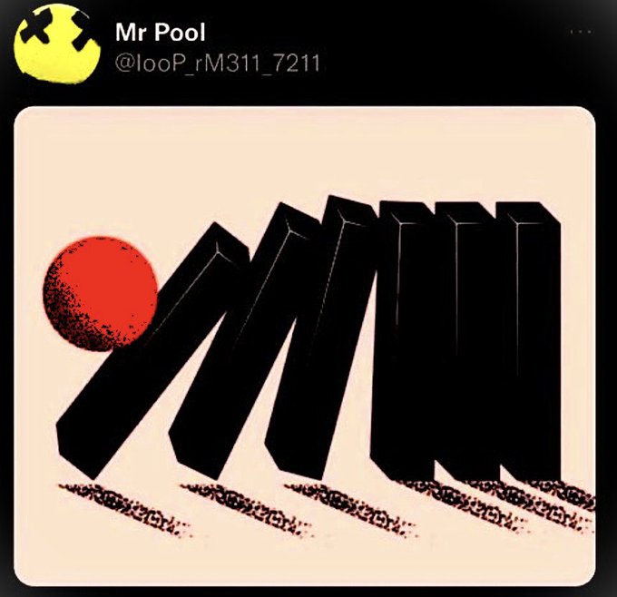 The image is a tweet from "Mr Pool" (@looP_rM311_7211) featuring a stylized graphic of black dominoes being struck by a red ball, symbolizing a chain reaction. The caption references the accompanying post about the "Yen Carry Dominoes" and the anticipated "Great Reset" originating in Japan, with tags $XRP and $589.