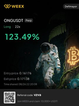 A promotional screenshot from Weex showing a successful long trade on ONGUSDT Perp (2x leverage) with a 123.49% profit, including entry price 0.16176 and exit price 0.17138, alongside a referral code "VZVa" encouraging viewers to join Defimayor for profit opportunities.