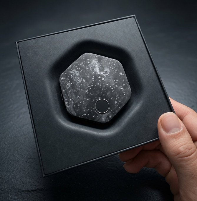 A hand holds a black square box containing a hexagonal object speckled with white to resemble the moon's surface, with a circular detail resembling a Bitcoin logo near the bottom. The lunar-themed design symbolically reflects the post's bullish sentiment toward Bitcoin, evoking the phrase "to the moon."