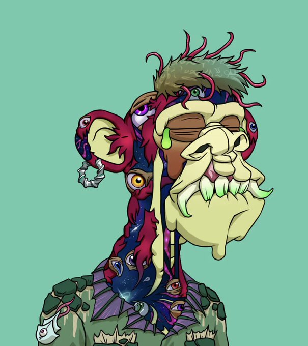 A colorful cartoon illustration of a grotesque, multi-eyed humanoid figure with wild red and green hair and a melting, fanged face against a solid teal background.