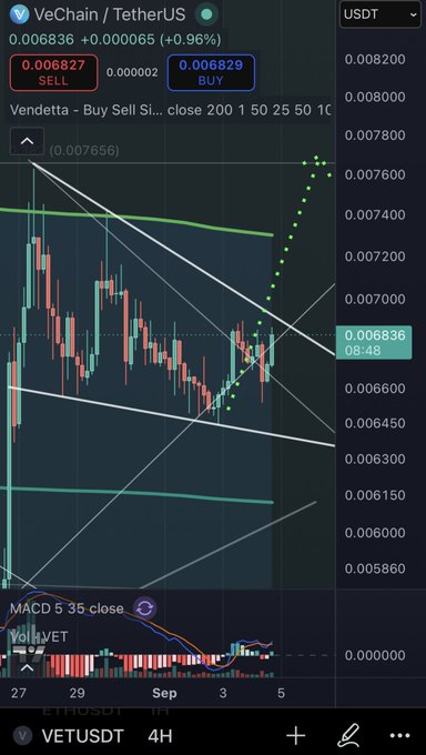 A cryptocurrency trading chart shows VeChain/TetherUS (VETUSDT) on a 4H interval with the current price at 0.006836. The chart displays technical analysis lines, candlesticks, and a MACD indicator at the bottom.