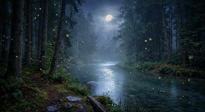 A tranquil moonlit forest scene with a calm river winding through tall trees, illuminated by fireflies and the soft glow of a full moon reflecting on the water. The serene, dreamlike atmosphere perfectly complements the wish for peaceful, gentle dreams carried by the quiet night.