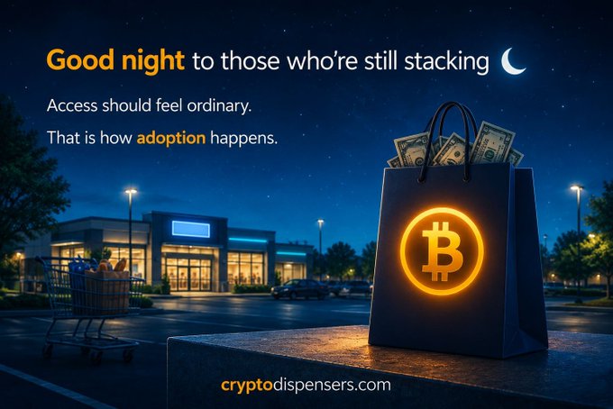 A promotional graphic for cryptodispensers.com featuring a Bitcoin-branded shopping bag full of cash, a shopping cart, and the text 'Good night to those who're still stacking. Access should feel ordinary. That is how adoption happens.'