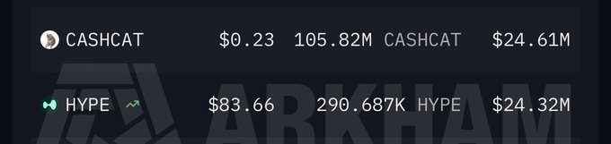 A cryptocurrency price tracker displays CASHCAT at $0.23 with a market cap of $24.61M and 105.82M supply, alongside HYPE at $83.66 with a market cap of $24.32M and 290.687K supply, supporting the post's claim about CASHCAT's supply held by Robinhood users.