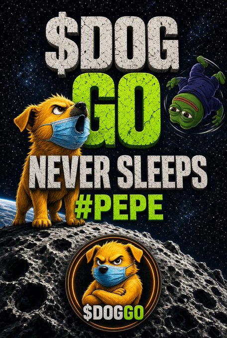 A meme graphic featuring a yellow dog wearing a face mask on a moon-like surface, with text reading "$DOG GO NEVER SLEEPS #PEPE," alongside a floating Pepe character and a circular badge with "$DOGGO."