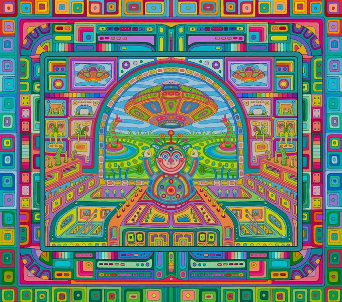 A vibrant, psychedelic digital artwork displays a symmetrical kaleidoscopic design with bright colors, geometric patterns, and a central figure resembling a stylized face surrounded by intricate borders.