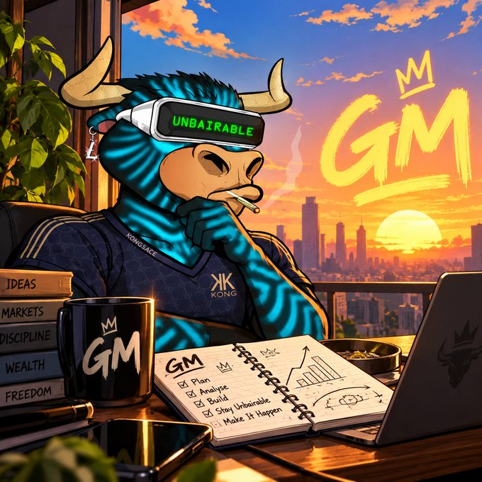 A stylized illustration of a bull wearing a VR headset displaying 'UNBAIRABLE' at a desk with a 'GM' notebook and laptop at sunset.