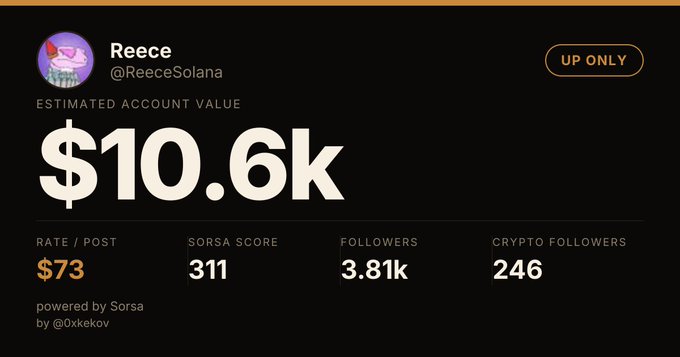 A Sorsa analytics dashboard for crypto user 'Reece' (@ReeceSolana) showing an estimated account value of $10.6k, $73 rate/post, 311 Sorsa Score, 3.81k followers, and 246 crypto followers.