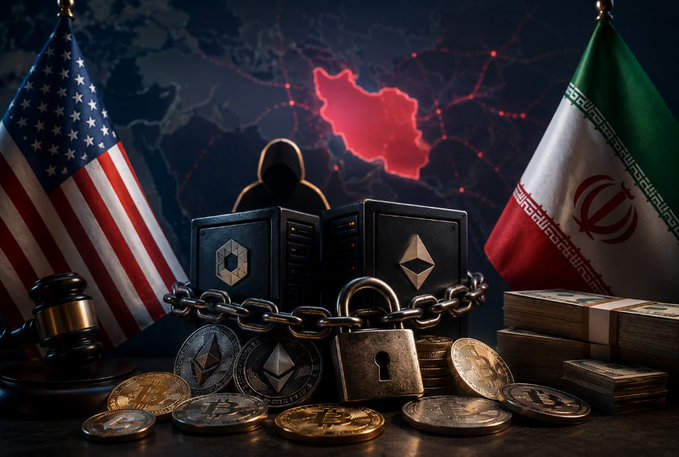 A symbolic image featuring the flags of the United States and Iran flanking a hooded figure, with cryptocurrency coins (Bitcoin, Ethereum), server units, a padlock, chains, and gold bars in the foreground, set against a red map outline.