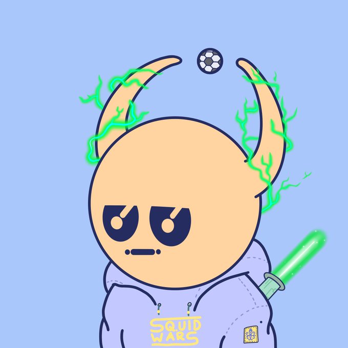 A cartoon character with horns, green flame-like hair, and an angry expression wearing a hoodie labeled 'SQUID GANG', with a soccer ball floating above and a green glowing syringe in hand.