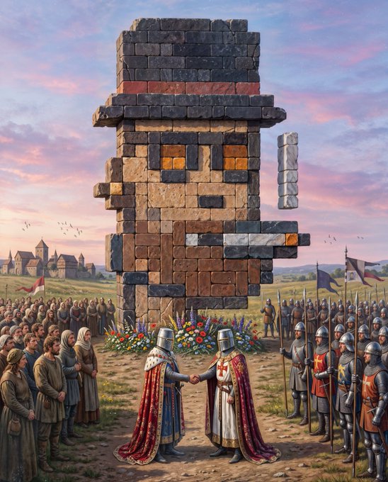 A medieval scene depicts two armored knights in red capes shaking hands before a tall blocky stone tower, flanked by crowds of commoners on the left and a marching army with spears and banners on the right.