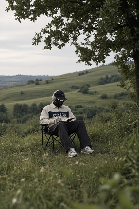 A person wearing a black cap, headphones, and a white sweatshirt with 'ITALIA' written on it sits on a folding chair reading a book in a grassy field.