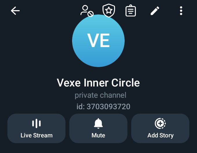 A Telegram channel profile for "Vexe Inner Circle" (private channel, id: 3703093720) with options for Live Stream, Mute, and Add Story.
