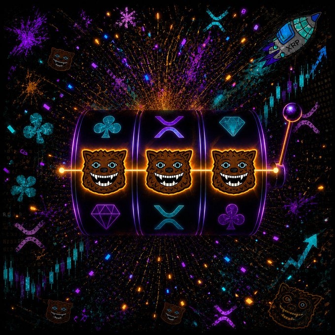 A vibrant, neon-lit slot machine display shows three grinning, stylized cat faces across the middle row, set against a dark background exploding with colorful fireworks, diamonds, and a rocket ship labeled 'XRP'.