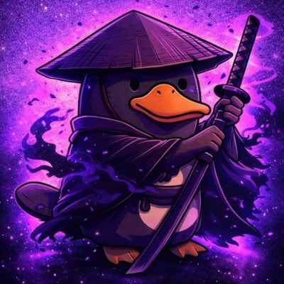 A stylized illustration of a penguin dressed as a samurai with a conical hat and sword, set against a purple cosmic background.
