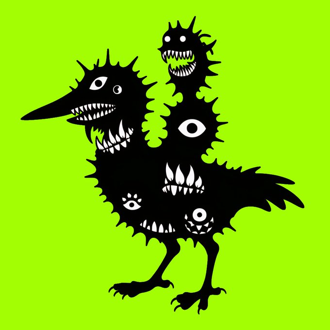 A black silhouette illustration of a multi-headed, spiky monster with multiple eyes and mouths filled with sharp teeth, set against a bright lime-green background.