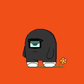 A minimalist cartoon illustration shows a small, gray Among Us crewmate character standing next to a single yellow flower on an orange background.