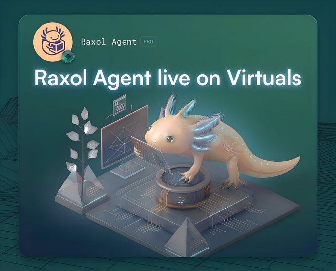 A promotional graphic for "Raxol Agent PRO" announces it is now "live on Virtuals," featuring a 3D-rendered axolotl interacting with a digital monitor and crypto-themed geometric elements, which visually represents the agent's role in facilitating the newly public USDC transfer route across multiple blockchain networks.
