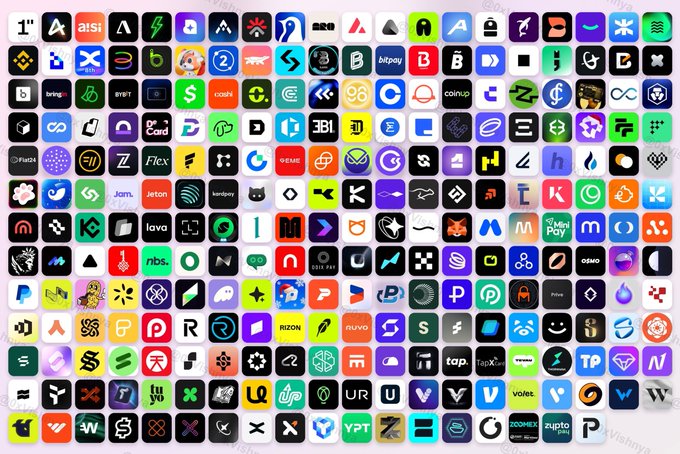 A dense grid of colorful app icons representing approximately 250 crypto cards and neobanking services, including recognizable names like Binance, Coinbase, Kraken, Metamask, Phantom, AAVE, EBI, Aisi, Bitpay, Cash App, and JPMorgan, visually illustrating the saturated crypto card market that the post predicts will see 90% failure.