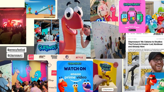 This image is a promotional collage for Claynosaurz, showcasing their presence at @annecyfestival, their @claynosaurz NFT collection featuring colorful dinosaur characters, and their streaming availability on Prime Video and Netflix. The collage highlights their industry achievements and partnerships (including Sony, Pixar, and Disney) as emphasized in the caption, while also promoting their watchable micro-episodes on Amazon Prime Video and teasing the upcoming $HEEBOO token project.