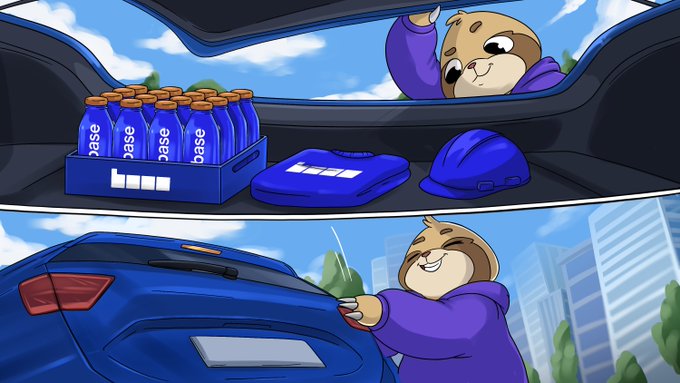 Cartoon illustration featuring an anthropomorphic animal character in a purple hoodie loading a blue car trunk with merchandise labeled 'base'.