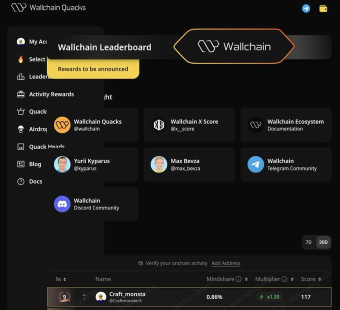 The image shows an account listing information, including names and scores for various achievements on Wallchain leaderboard. The top of the list includes a person with a mindshare of 0.71 and another at 0.86. One of them is named @wallchain30D. The text in the image says "gQuack frens" which might suggest an achievement or milestone within the account. This post seems to be related to a discussion about achievements on Wallchain's leaderboard, where individuals are recognized for their accomplishments and milestones reached.