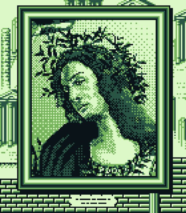 Pixel art style green-toned portrait depicting a woman with long flowing hair wearing a laurel wreath, resembling a classical Roman or Greek figure, set within a decorative frame.
