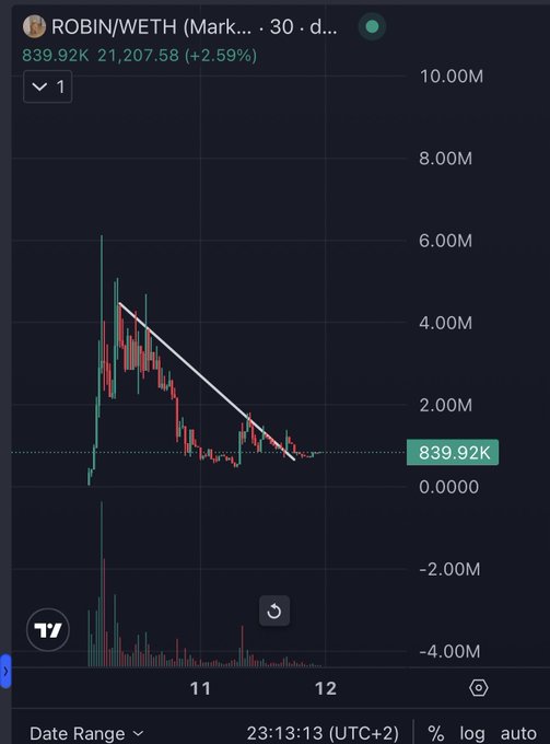 A Robinhood-style trading chart displays the ROBIN/WETH pair on Robinhood App's chain, showing a price of 839.92K with a 2.59% gain to 21,207.58, and depicting a sharp initial spike followed by a descending trendline—visually representing the post's narrative of $ROBIN being a "newcomer" currently sitting at $800K while his companion token has already reached a $200M market cap.