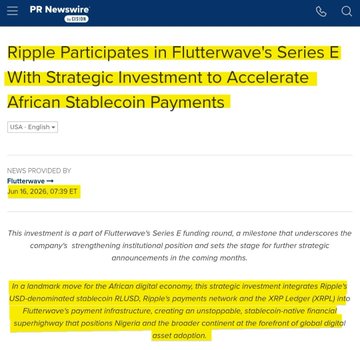 The image shows a screenshot of an advertisement for Ripple payments, which promotes African stablecoins. In the top left corner, there's white text that reads "Ripple Participates in Flutterwave's Series E with Strategic Investment to Accelerate African Stablecoin Payments". The rest of the image displays a banner containing information about Ripple payments and their impact on the financial world.