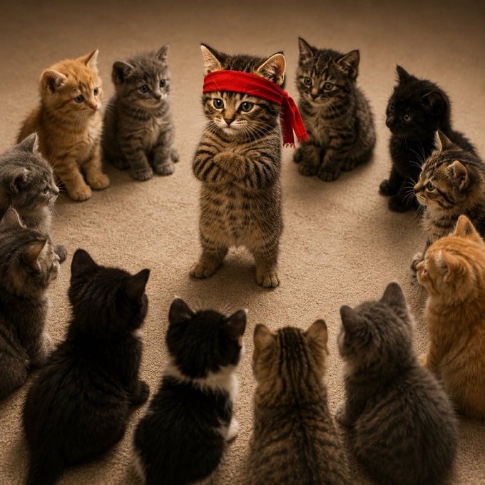 A small tabby kitten with a red headband stands on two legs like a determined leader, surrounded by a circle of attentive kittens representing a "deep value" crypto army rallying around the $RKC token. The image playfully visualizes the post's defiant, moon-bound conviction by framing the meme-stock crypto community as a scrappy band of feline followers ready to send the token to the moon.