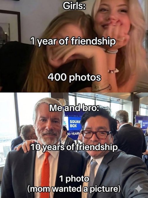 A meme comparing friendship photos: top half shows two girls labeled '1 year of friendship, 400 photos'; bottom half shows two men with 'Me and bro: 10 years of friendship, 1 photo (mom wanted a picture)'.